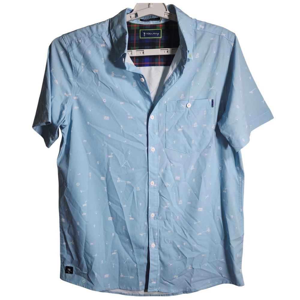 William Murray Golf Shirt Mens Small Blue Golf Pattern Short‎ Sleeve Button Up